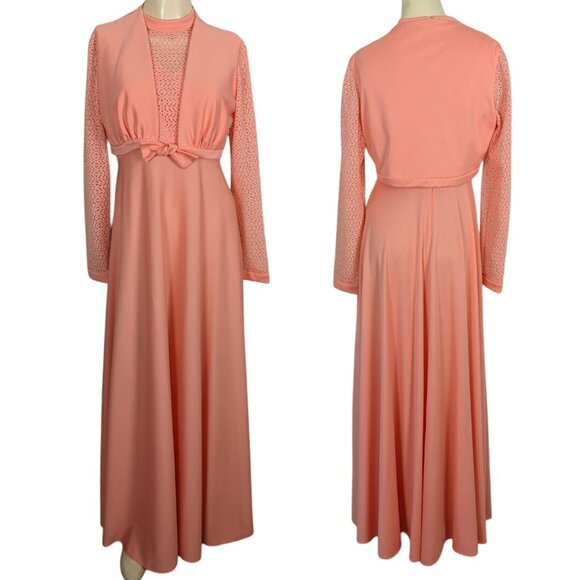 Unbranded - no tag inside Dresses & Skirts - Vintage two piece 1970s lace empire waist Salmon colored maxi dress Small Medium
